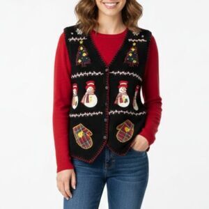 VTG Victoria Jones Women Black Embellished Christmas Full Zip Sweater Vest 2X